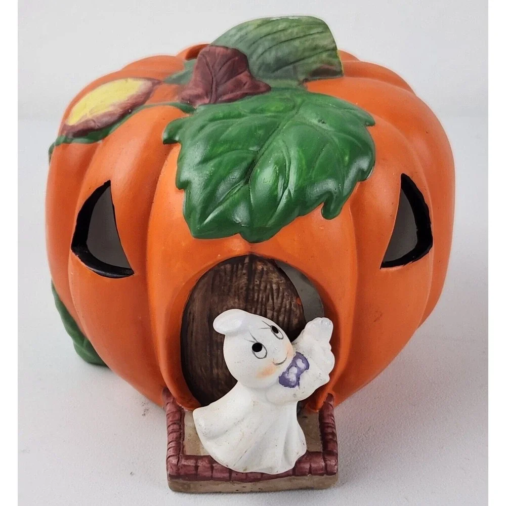 Vintage Halloween Ceramic Pumpkin and Ghost Tea Light Votive‎ Candle Holder